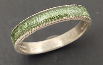 VINTAGE STERLING SILVER GREEN ENAMEL GUILLOCHE BAND RING
