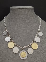 CHUNKY STERLING SILVER & ITALIAN COIN CHARM NECKLACE