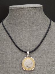 STERLING SILVER RUBBER CORD NECKLACE W/ STERLING & ITALIAN COIN PENDANT