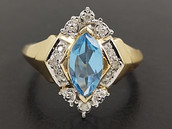 VINTAGE 10K GOLD BLUE TOPAZ & DIAMOND RING