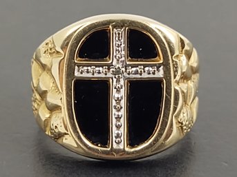 VINTAGE 10K GOLD ONYX & DIAMOND CROSS SIGNET RING W/ NUGGET DESIGN