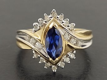 VINTAGE 10K BLUE SAPPHIRE & DIAMOND RING