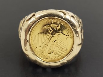 MENS 14K GOLD SIGNET RING W/ 1/10 OUNCE .999 WALKING LIBERTY GOLD COIN