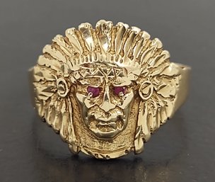 STUNNING MENS VINTAGE 14K GOLD INDIAN CHIEF HEAD W/ RUBY EYES RING