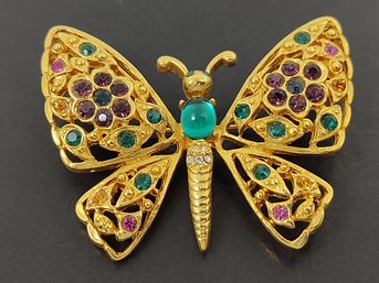 VINTAGE GOLD TONE COLORFUL RHINESTONE BUTTERFLY BROOCH
