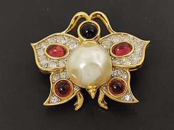 VINTAGE SIGNED DESIGNER D'ORLAN GOLD TONE RHINESTONE PEARL JELLY BELLY BUTTERFLY BROOCH