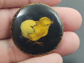 VINTAGE HAND PAINTED LACQUER CHICK IN EGG SHELL BROOCH
