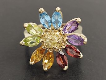 BEAUTIFUL 10K GOLD MULTI GEMSTONE & YELLOW CANARY DIAMOND FLOWER RING