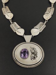 NAVAJO NATIVE AMERICAN SIGNED ED STERLING SILVER FEATHER LINK AMETHYST NECKLACE