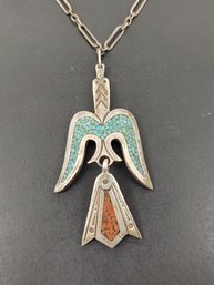 NAVAJO NATIVE AMERICAN THOMAS SINGER STERLING SILVER TURQUOISE CORAL THUNDERBIRD NECKLACE