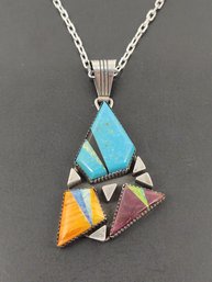 NAVAJO NATIVE AMERICAN LOREN THOMAS BEGAY STERLING SILVER MULTI STONE ABSTRACT PENDANT NECKLACE