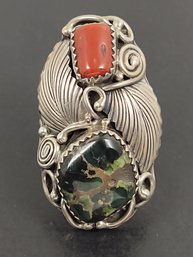NAVAJO NATIVE AMERICAN STERLING SILVER GREEN TURQUOISE & CORAL RING
