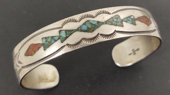 NAVAJO NATIVE AMERICAN GIBSON GENE STERLING SILVER TURQUOISE & CORAL CUFF BRACELET