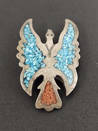 NAVAJO NATIVE AMERICAN STERLING SILVER TURQUOISE & CORAL THUNDERBIRD PENDANT