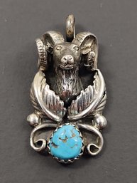 NAVAJO NATIVE AMERICAN STERLING SILVER TURQUOISE RAMS HEAD PENDANT