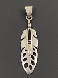 NAVAJO NATIVE AMERICAN ERVIN HOSKIE STERLING SILVER FEATHER PENDANT W/ ONYX & OPAL INLAY