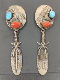 NAVAJO NATIVE AMERICAN BURTON KELLY STERLING SILVER TURQUOISE & CORAL FEATHER EARRINGS