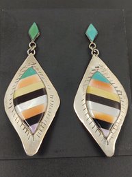 NATIVE AMERICAN STERLING SILVER MULTI STONE INLAY EARRINGS