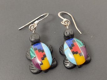 ZUNI NATIVE AMERICAN CARVED STONE TURTLE WITH SILVER & MULTI STONE INLAY TURTLE EARRINGS