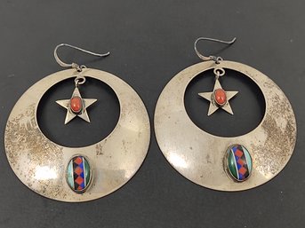 NATIVE AMERICAN STERLING SILVER MULTI STONE INLAY EARRINGS WITH STAR DANGLES