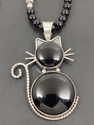 NAVAJO NATIVE AMERICAN IRV MONTE STERLING SILVER ONYX CAT NECKLACE