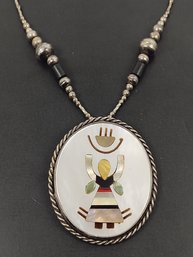 ZUNI NATIVE AMERICAN STERLING SILVER KACHINA W/ CROWN MOTHER OF PEARL MULTI STONE INLAY PENDANT NECKLACE