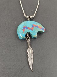 ZUNI NATIVE AMERICAN LIQUID STERLING SILVER TURQUOISE BEAR FETISH W/ MULTI STONE INLAY FEATHER NECKLACE