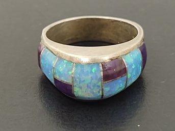 NATIVE AMERICAN SILVER CLOUD DESIGNS STERLING SILVER OPAL SUGALITE INLAY RING