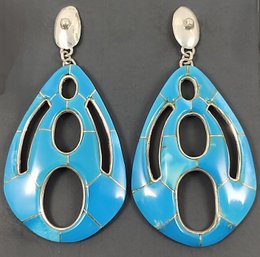 ZUNI NATIVE AMERICAN STERLING SILVER TURQUOISE INLAY EARRINGS