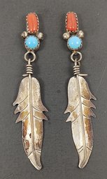 NAVAJO NATIVE AMERICAN STERLING SILVER TURQUOISE & CORAL FEATHER EARRINGS