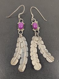 NAVAJO NATIVE AMERICAN STERLING SILVER SUGALITE FEATHER EARRINGS