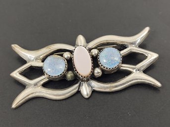 NAVAJO NATIVE AMERICAN SANDCAST STERLING SILVER OPAL & MOTHER OF PEARL BROOCH