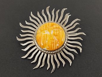 NATIVE AMERICAN STERLING SILVER CARVED SPINY OYSTER SUNFACE  SUN BROOCH / PENDANT