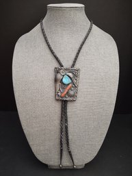 NAVAJO NATIVE AMERICAN ALLEN LARGE STERLING SILVER TURQUOISE CORAL BOLO TIE