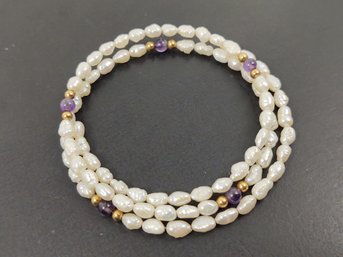 VINTAGE 14K GOLD PEARL & AMETHYST BEADED COIL WRAP BRACELET