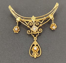 ANTIQUE VICTORIAN 10K GOLD DIAMOND DANGLE BROOCH