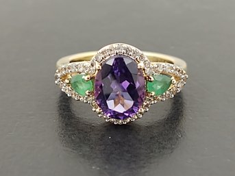 STUNNING GOLD OVER STERLING SILVER AMETHYST EMERALD & WHITE TOPAZ RING