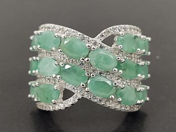 AMAZING STERLING SILVER NATURAL EMERALD ROWS & WHITE TOPAZ RING