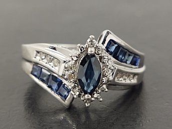 BEAUTIFUL STERLING SILVER BLUE SAPPHIRE & DIAMOND RING