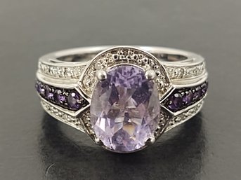 BEAUTIFUL STERLING SILVER AMETHYST & DIAMOND RING