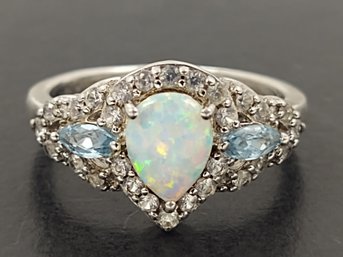 STUNNING STERLING SILVER OPAL BLUE TOPAZ & WHITE SAPPHIRE RING