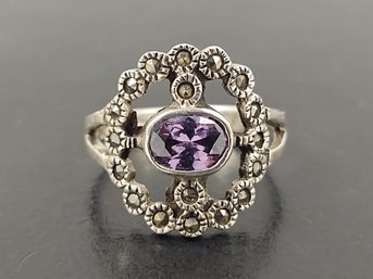 VINTAGE STERLING SILVER PURPLE CZ & MARCASITE RING