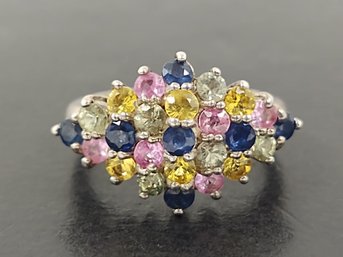 STUNNING STERLING SILVER MULTI STONE SAPPHIRE RUBY & TOPAZ CLUSTER RING