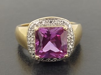 BEAUTIFUL GOLD OVER STERLING SILVER PURPLE SAPPHIRE & DIAMOND RING