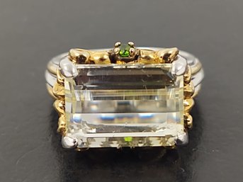 STUNNING STERLING SILVER CITRINE & EMERALD RING W/ GOLD ACCENTS