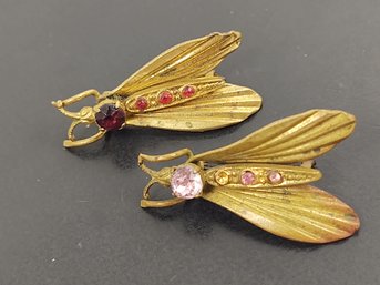 (2) ANTIQUE BRASS RHINESTONE FLY PINS