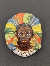 VINTAGE PAINTED GLAZED POTTERY BLACKAMOOR TRIBAL WOMAN BROOCH