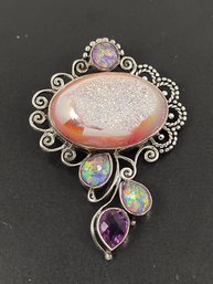 DESIGNER SIGNED SAJEN STERLING SILVER PINK CRYSTAL DRUZY W/ AMETHYST PENDANT