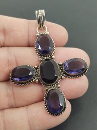 LARGE STERLING SILVER AMETHYST CZ STONES CROSS PENDANT