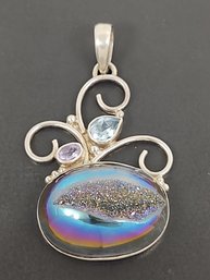 BEAUTIFUL STERLING SILVER OPALESCENT RAINBOW CRYSTAL DRUZY & GEMSTONE PENDANT